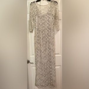 Kay Unger Silver Lace Sequin Maxi Dress with Slip, Size 6, Used
